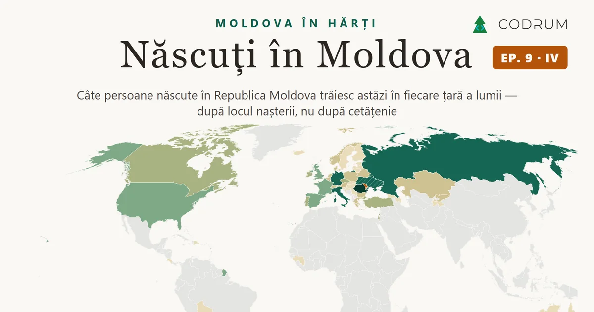 Hartă a lumii cu titlul „Născuți în Moldova”: țările colorate după numărul persoanelor născute în Republica Moldova care trăiesc acolo