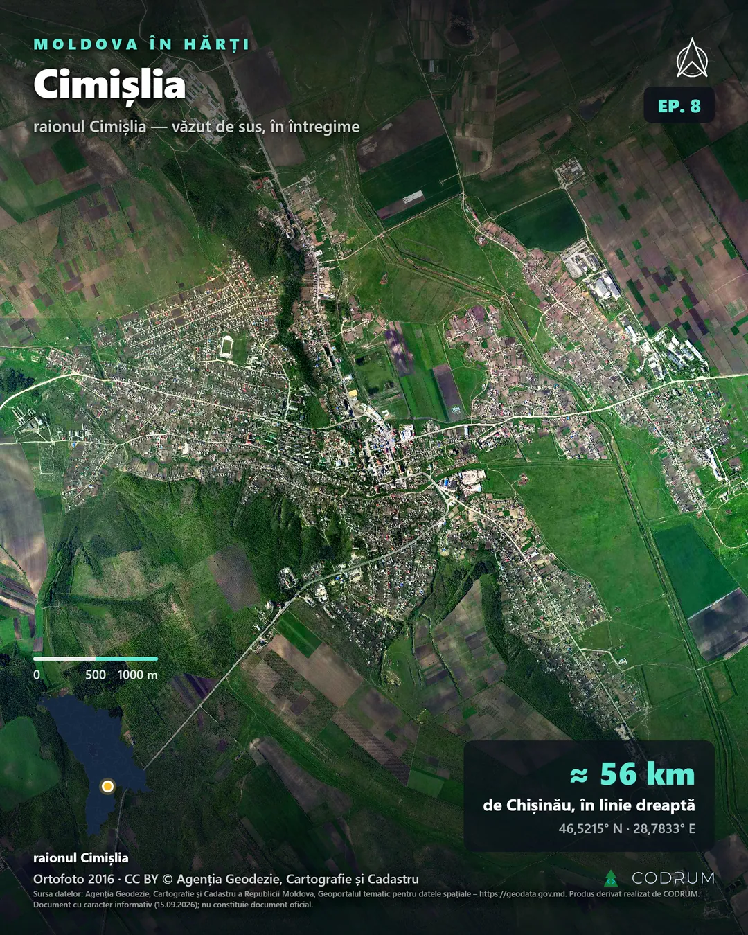 Orașul Cimișlia văzut de sus, în întregime, din ortofotoplanul oficial din 2016: centrul, străzile, stadionul, zona industrială din est și câmpurile din jur