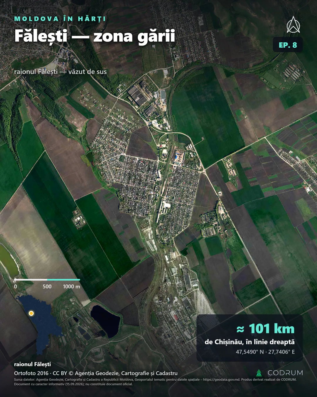 Fălești, zona gării, văzută de sus din ortofotoplanul oficial din 2016: calea ferată trece prin mijloc, cu halele mari alături, cartierul cu străzi drepte și două iazuri la sud