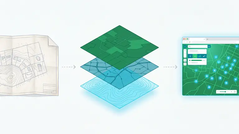 Illustration : chaîne de production de données SIG, du plan papier aux couches cartographiques puis à la carte web interactive.